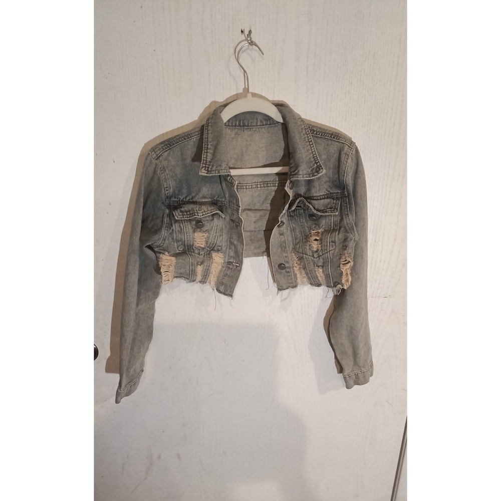 Womens Light Wash Distressed Ultra Cropped Denim Jacket Ripped Raw Hem Edgy
